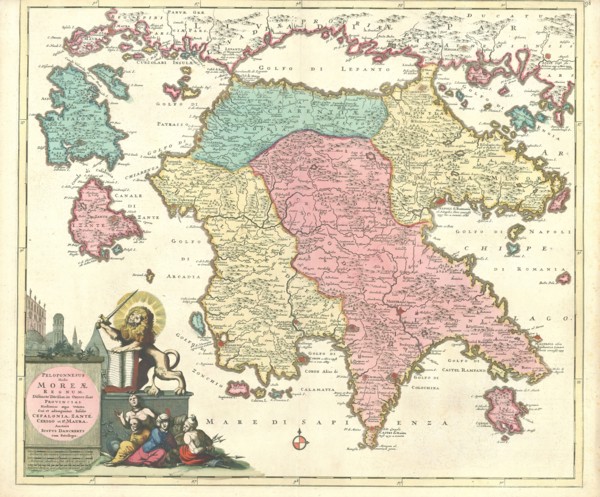 Map, Peloponnesus hodie Moreae regnum, Justus Danckertsz (1635-1701), Copperplate print