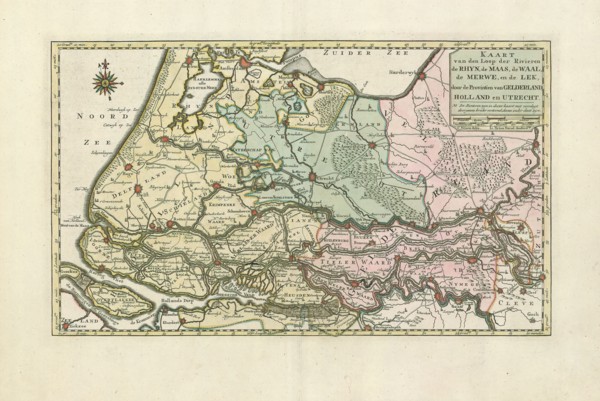 Map, Kaart van den loop der rivieren de Rhijn, de Maas, de Waal, de Merwe, en de Lek, door de