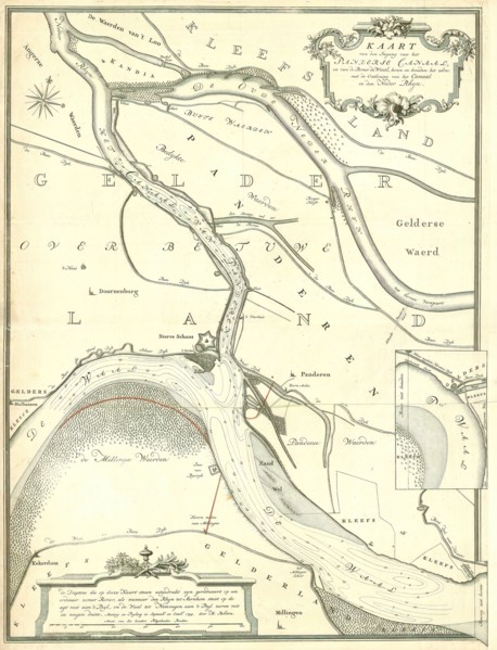 Map, Kaart van den ingang van het Panderse canaal, en van de rivier de Waal, boven en beneden het