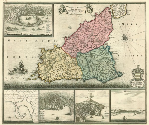 Map, Insula sive regnum Siciliæ, Frederick de Wit (1630-1706), Copperplate print