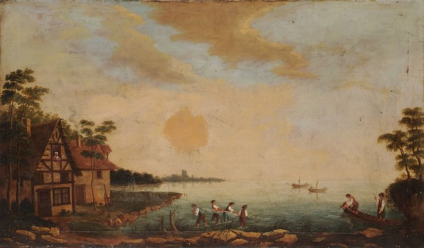 Landscape with fishermen at a bay, oil on canvas, 65 x 112.5 cm, unsigned, Basler Meister, 18. Jh.