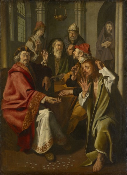 Judas returns the silver pieces, oil on canvas, 140 x 102 cm, Signed in the middle below the