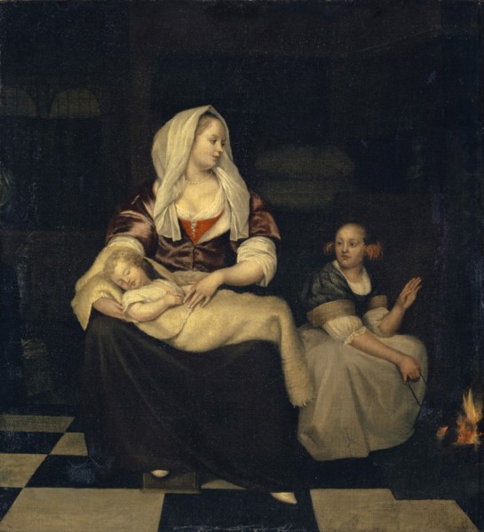 Mother with child and maid, oil on canvas, 39.5 x 36.2 cm, unsigned, Jacob Ochtervelt, Rotterdam