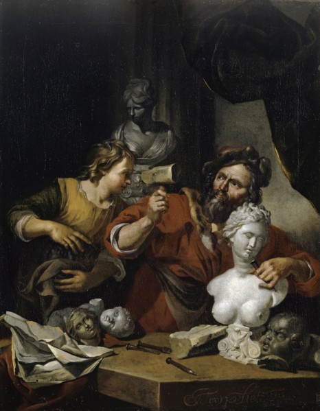 Sculptor's studio, after 1680, oil on canvas, 54.5 x 42.5 cm, signed on the right edge of the