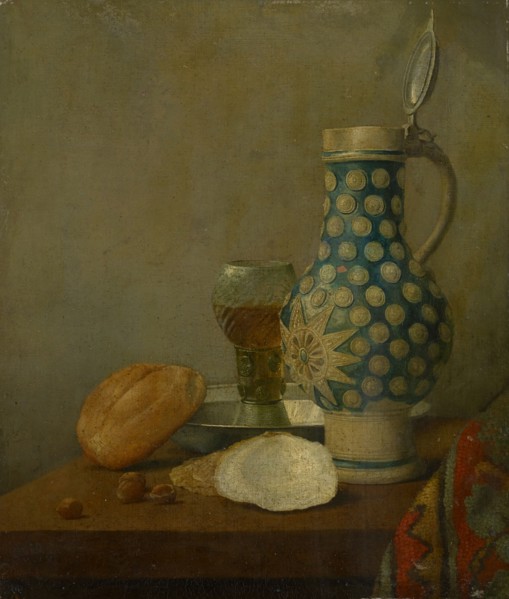 Still life with jug and glass, oil on canvas, 45 x 36.5 cm, remains of a signature in red on the