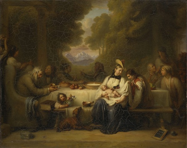 The outdoor dinner, oil on canvas, 72.5 x 90.5 cm, Unmarked., On the plaque lower right: V I XX, II