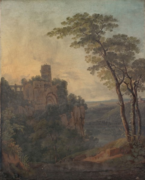 Castle ruin on high rock, tempera (?) On canvas, 46.5 x 38 cm, unmarked, Peter Birmann, Basel