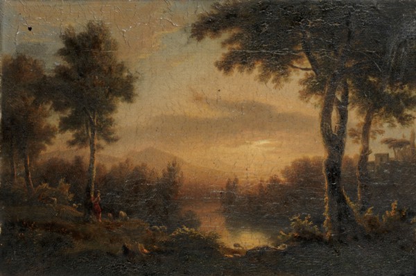 River landscape in the evening light, oil on canvas, 21.5 x 32 cm, not specified, Jakob Christoph