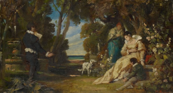 Tasso and the two Eleanors, oil on canvas on cardboard, 21.2 x 39.2 cm, signed lower right in red:
