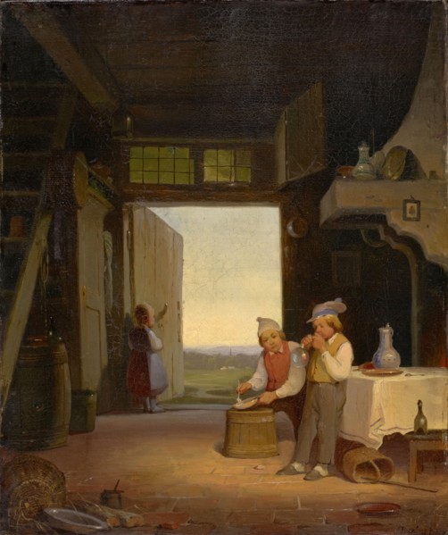 Children play soap bubbles in the hallway, oil on canvas, 33 x 27.5 cm, signed lower right: Veerhas