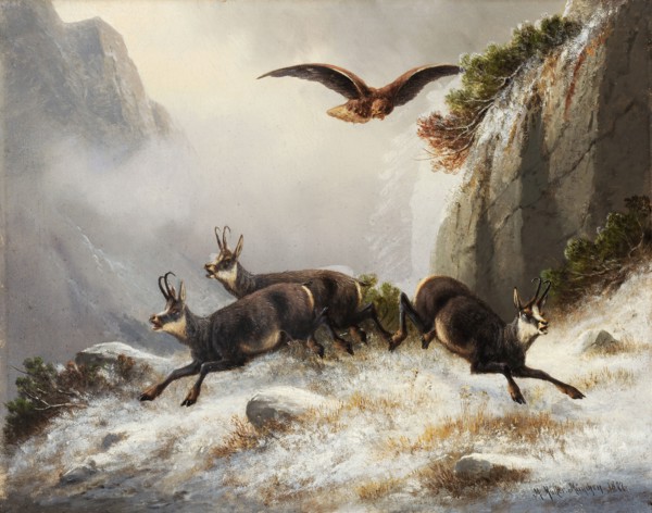 Chamois pursued by Adler, 1877, oil on canvas, 28 x 35 cm, signed, inscribed and dated lower right: