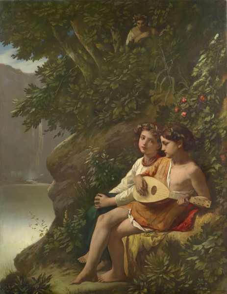 Children playing music overheard by a nymph, 1864, oil on canvas, 126.1 x 97.9 cm, signed lower
