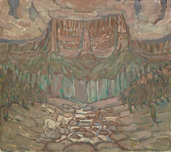 Herdsman and herd crossing a mountain stream, 1914/1918, tempera on canvas, 87 x 98 cm, unmarked,