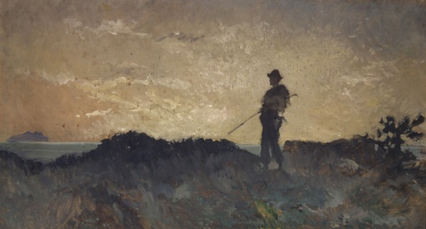 Swineherd in rocky landscape by the sea, oil on canvas, mounted on fiberboard, 62 x 112 cm, not