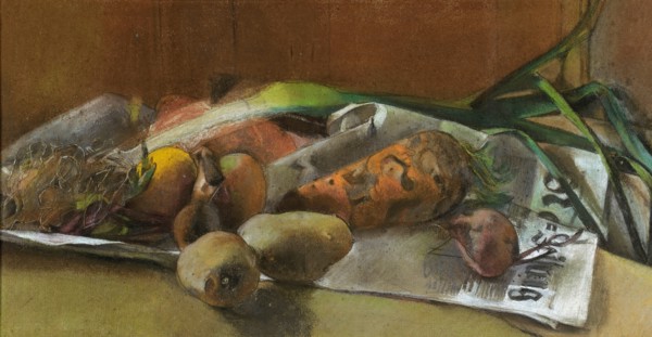 Vegetable still life, pastel on paper, on cardboard, 24.5 x 47 cm, signed lower right: Neuhaus,