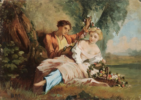Schäferidyll Renaud et Armide, oil on cardboard, 15 x 19.5 cm, monogrammed lower left: B.M.,
