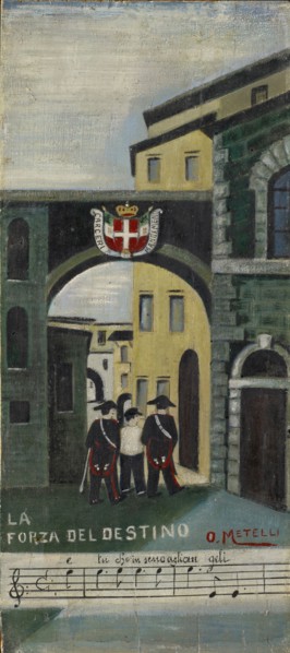 La forza del destino, oil, plywood, 37.5 x 16.5 cm, Inscribed and signed on the front: Carceri