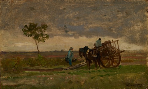 Wide landscape with farm carts, oil on oak wood, 14 x 23.1 cm, signed lower right: Daubigny,