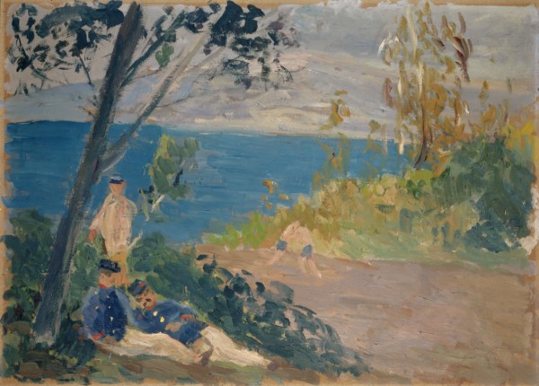 Siesta of the frontier guards on the seashore, oil on board, 47.5 x 63 cm, unmarked, Ernst Schiess,