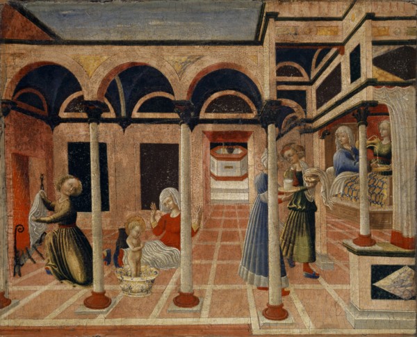 The miracle of the birth of St., Nicholas, c. 1435-1440, tempera on poplar wood, 25.6 x 31.8 cm,