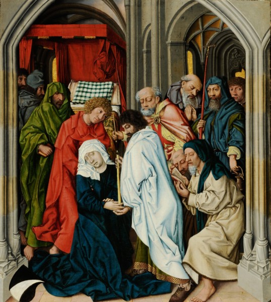 The Marian Death, c. 1480, mixed technique on fir wood, 78.5 x 69.5 cm, unmarked., In the lower