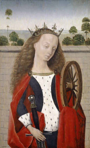The hl., Katharina standing in front of a wall, c. 1500, mixed technique on oak, 32.5 x 20 cm,