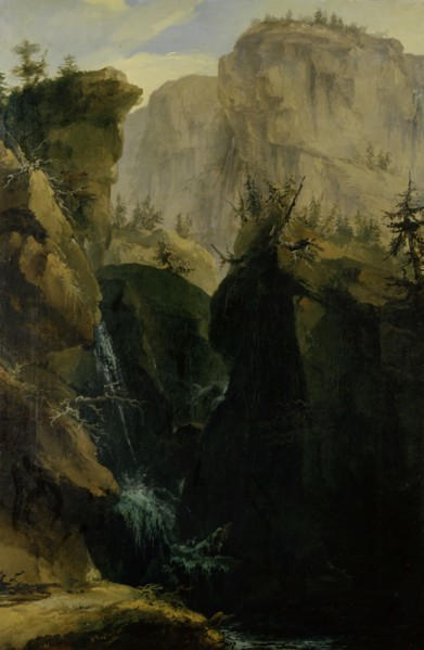 Canyon with waterfall, 1775, oil on canvas, 81.5 x 53.8 cm, signed and dated lower right (under
