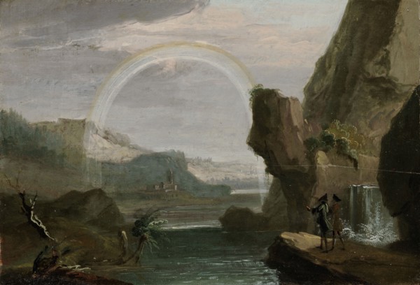 River Landscape with Rainbow and Two Cavaliers, c. 1760/68, Oil on Walnut, 16.4 x 24.2 cm,