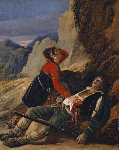 Brigand blessé à mort et sa femme au désespoir, 1824, oil on canvas, 47 x 38 cm, signed and dated