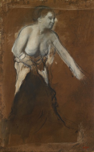 Jeune fille à demi dévetue (Jeune femme à sa toilette), 1866/1868, oil on dyed paper on canvas, 47