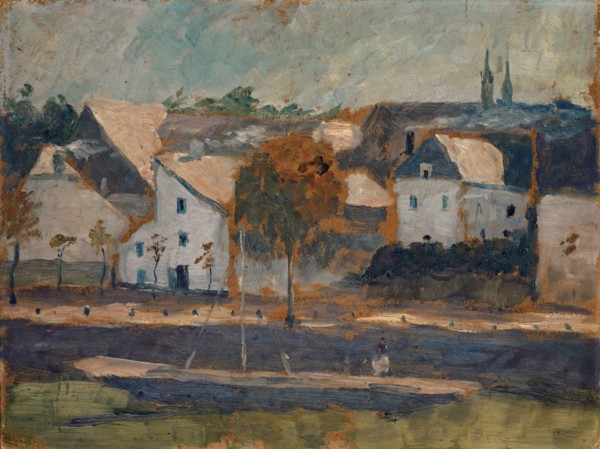 Small town on canal, oil on cardboard, 26 x 34.5 cm, Ernst Schiess, Basel 1872–1919 Valencia