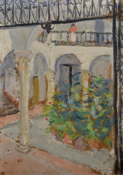 Arcade courtyard of a spanish house, oil on board, 36 x 25.5 cm, Ernst Schiess, Basel 1872–1919