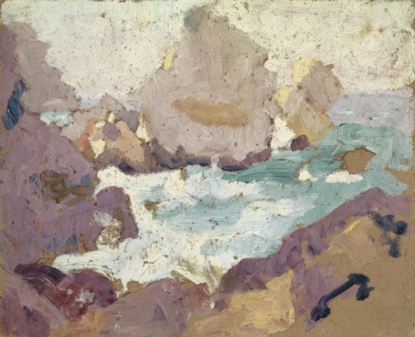Sea surf and rocky coast, oil on board, 22 x 27 cm, unmarked, Französischer Maler, 19./20. Jh.