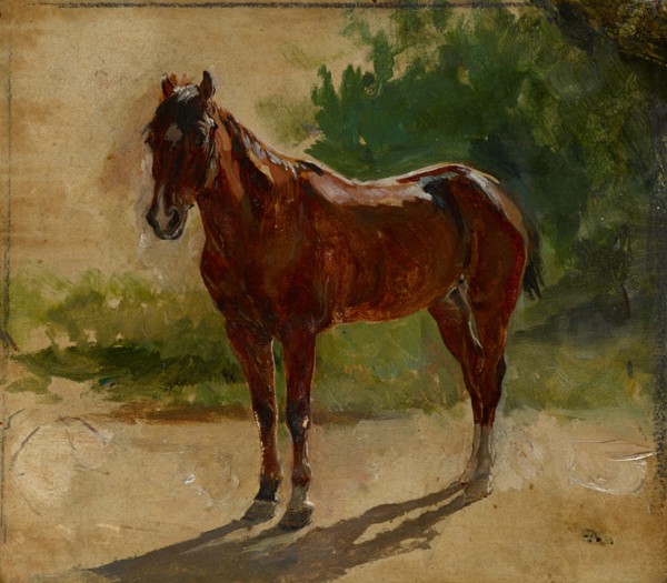 Étude cheval bai, c. 1860, oil on lime wood, 11 x 13 cm, monogrammed lower right: EM [ligated],