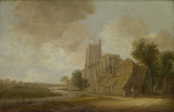 Waterway with church ruins, 1643, oil on oak wood, 40 x 61 cm, monogrammed and dated lower right: