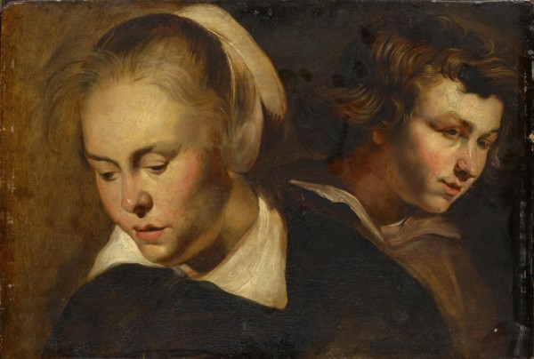 Study Heads of a Girl and a Boy, Oil on Oak, 36.5 x 52.5 cm, Unmarked, Jacob Jordaens (1), (Art /
