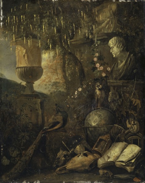 Philosophical Vanitas still life, oil on oak wood, 52 x 41 cm, Signed at the top of the recto page