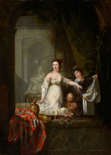 Lady in the bath with cupid boys, oil on panel, 38 x 34.5 cm, unsigned, Robert Tournières, Caen