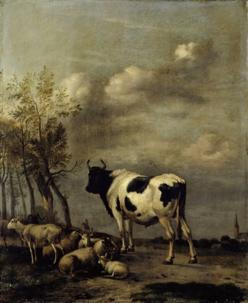 Pasture with black and white bull, 1663, oil on oak, 42.5 x 34.5 cm |, 42.5 x 34.5 x 0.8 cm, signed
