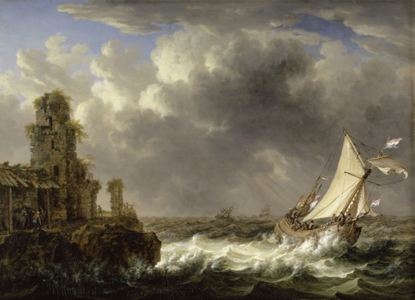 Seashore with moving sea, oil on panel, 38.6 x 52.7 cm |, 38.6 x 52.7 x 1 cm, monogrammed lower