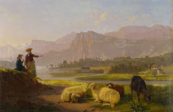Lakeside near Lucerne with grazing cattle, oil on tinplate, 22 x 32 cm, monogrammed lower left: J: