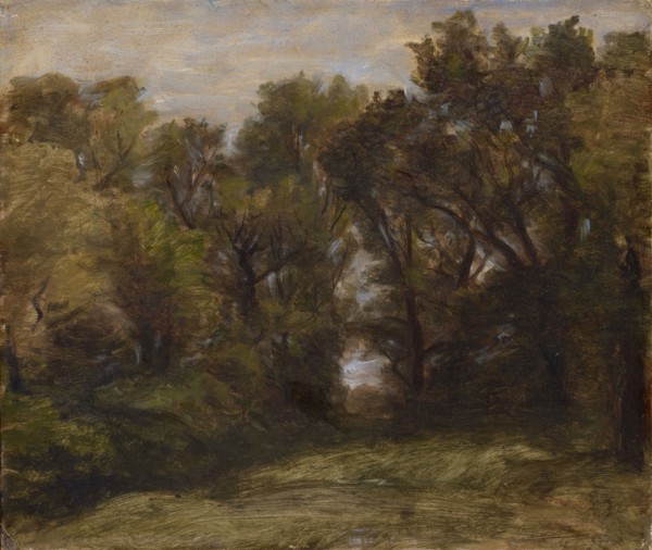 Forest edge with view, oil on board, 26 x 30.5 cm, not marked, Barthélemy Menn, Genf 1815–1893 Genf