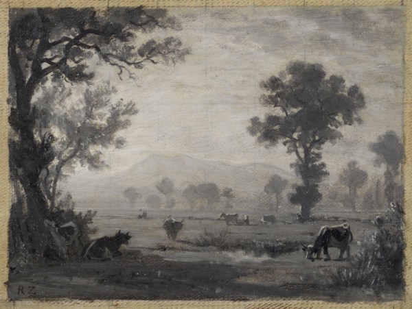Landscape with grazing cows, oil on cardboard (Grisaille), 10.5 x 14 cm, monogrammed lower left: R