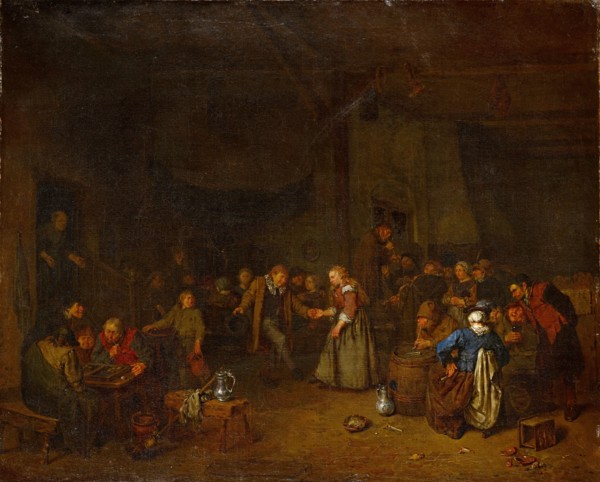 Peasant dance in a barn, oil on canvas, 64 x 79 cm, unmarked, Egbert van Heemskerck, Haarlem