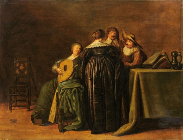 Elegant company with lute player, oil on oak wood, 32 x 41.5 cm, unsigned, Pieter Jacobsz. Codde,