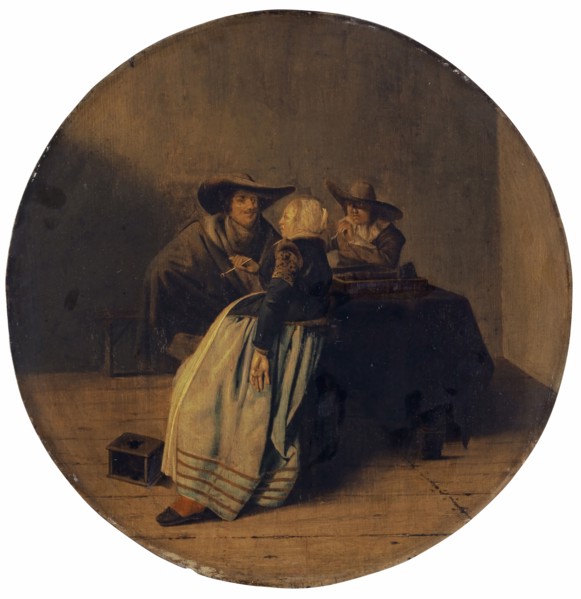 Interior with a smoking company at a table, oil on oak wood, diameter: 44.5 cm, signed on the left
