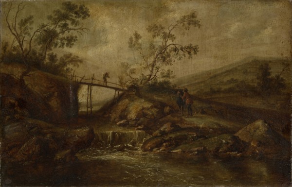 Landscape with waterfall, bridge and staffage, oil on oak wood, 33.5 x 51 cm, not marked, François