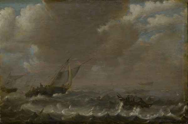 Moving lake with fishing boats, oil on pinewood, 29 x 44 cm, not marked, Simon de Vlieger,