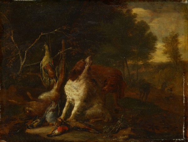 Dogs with dead game, oil on oak, 18 x 23 cm, Signed right on the stone under the branches: A Gryef
