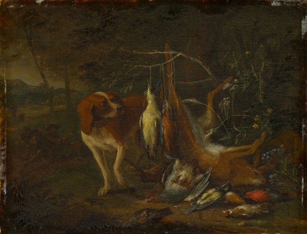 Dog with dead game, oil on oak, 18 x 23 cm, Signed left on the stone next to the large plant: A